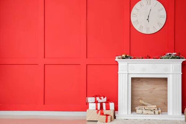 Interior Quarto Moderno Com Lareira Véspera Natal — Fotografia de Stock