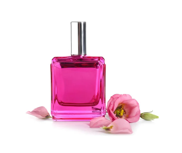 Garrafa Perfume Floral Sobre Fundo Branco — Fotografia de Stock