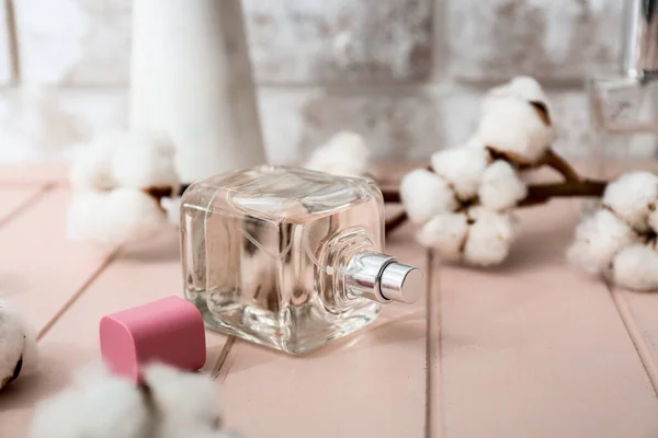 Bottle Perfume Cotton Branch Table — Stock Photo, Image