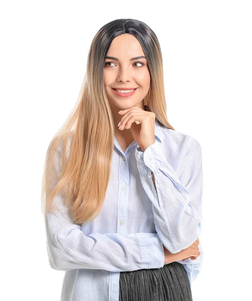 Beautiful Young Woman Wig White Background — Stock Photo, Image