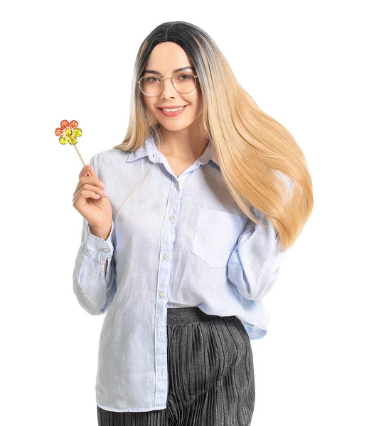 Beautiful Young Woman Wig Lollipop White Background — Stock Photo, Image