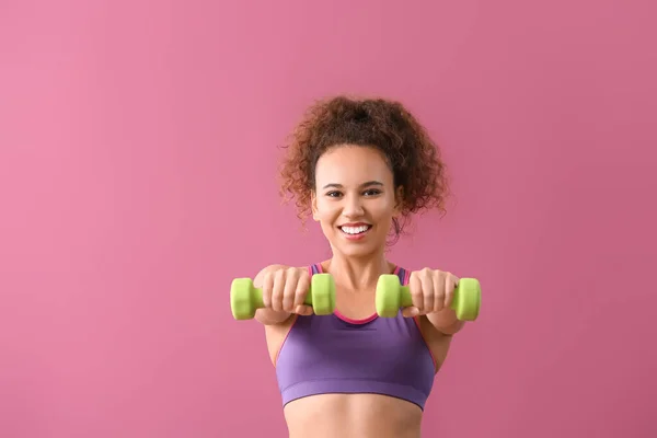 Young Woman Doing Aerobics Color Background — Stock Photo, Image