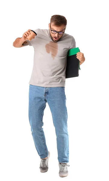 Gestresste Jonge Zakenman Met Koffie Vlekken Zijn Shirt Witte Achtergrond — Stockfoto