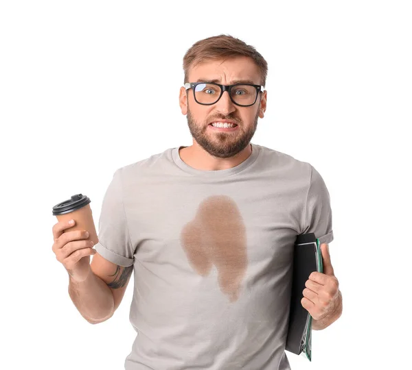 Stressad Ung Affärsman Med Kaffe Fläckar Sin Shirt Vit Bakgrund — Stockfoto