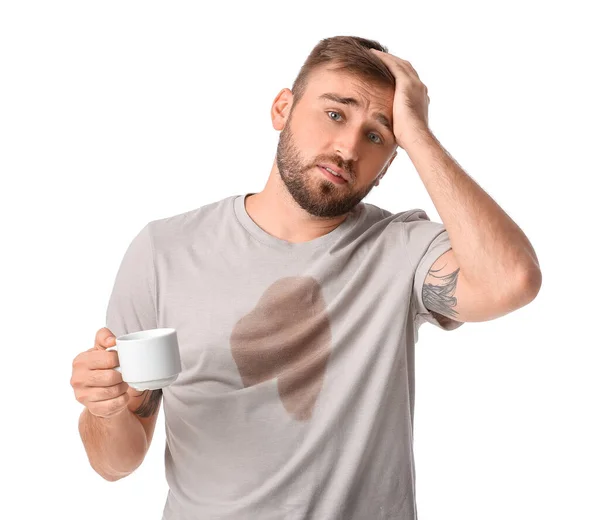 Stressad Ung Man Med Kaffe Fläckar Sin Shirt Vit Bakgrund — Stockfoto
