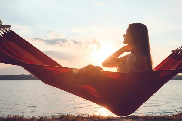Silhouette Young Woman Relaxing Hammock Outdoors — Stock Photo, Image