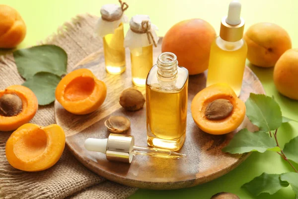 Bottles Apricot Essential Oil Color Background — Stock Photo, Image