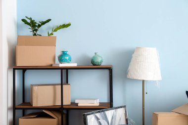 Taşındığı gün yeni dairede içinde eşyalar ve raflar olan karton kutular.