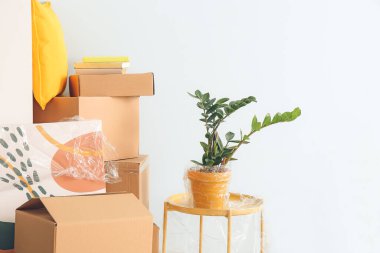 Taşındığı gün yeni dairede içinde eşyalar olan karton kutular.