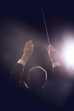 Koyu arkaplan üzerinde erkek iletken, arka görünüm