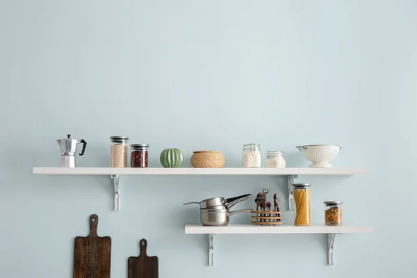 Set Utensils Products Shelves Kitchen — Stock Photo, Image