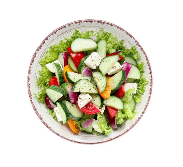Teller Mit Leckerem Gurkensalat Auf Weißem Hintergrund — Stockfoto