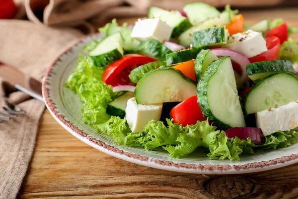 Plate Tasty Cucumber Salad Table Closeup — Stock Photo, Image
