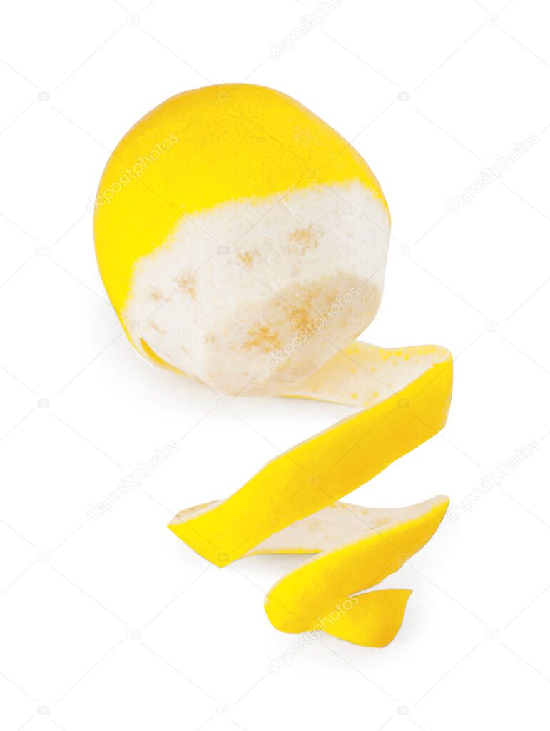 Peeled fresh lemon on white background