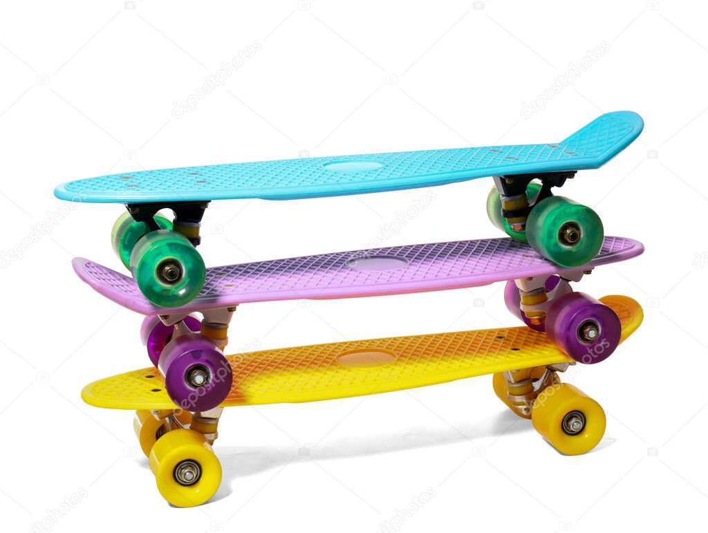 Color skateboards on white background