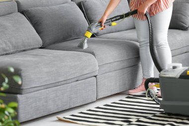 Kadın evdeki kanepenin pisliğini temizliyor.