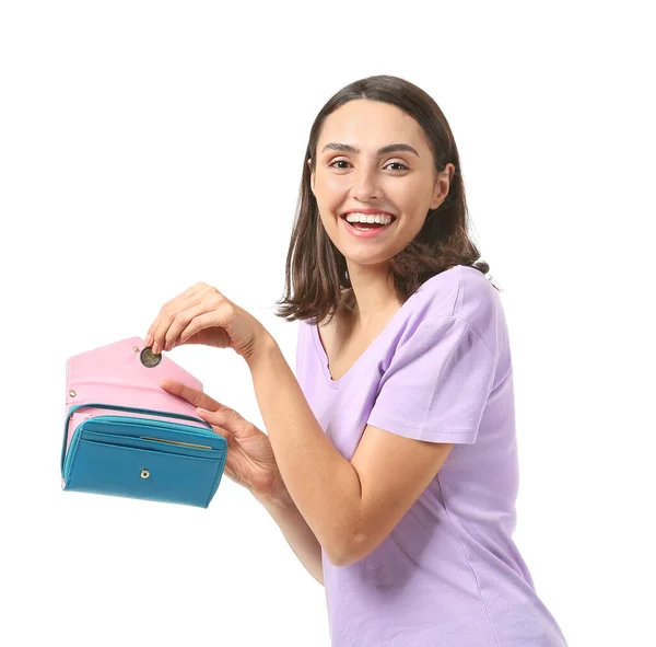 Young Woman Putting Money Wallet White Background — Stock Photo, Image