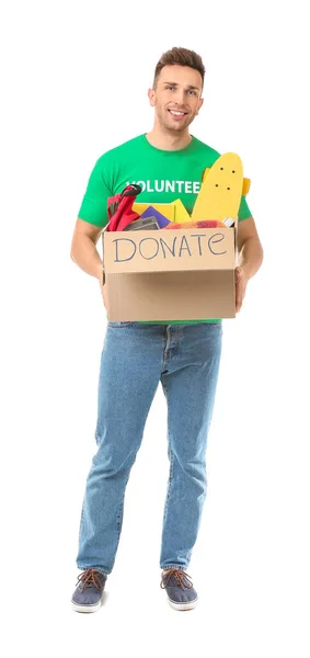 Voluntário Masculino Com Doações Para Órfãos Fundo Branco — Fotografia de Stock