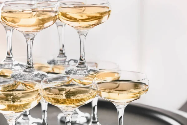 Tower Made Glasses Champagne Table Closeup — Stock Photo, Image