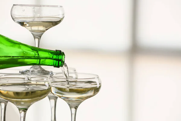 Pouring Tasty Champagne Bottle Glass Closeup — Stock Photo, Image
