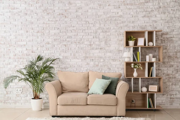 Wooden Rack Soft Sofa Brick Wall Room — Stock Photo, Image