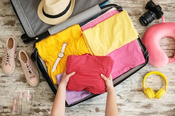 Woman Packing Suitcase Journey Home Top View — Stock Photo, Image