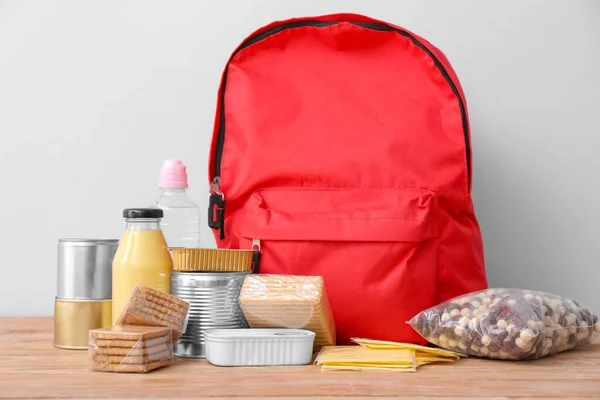 Schoolbag Different Products Table Concept Backpack Food Program — Stock Photo, Image