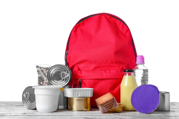 Schoolbag Different Products Table White Background Concept Backpack Food Program — Stock Photo, Image