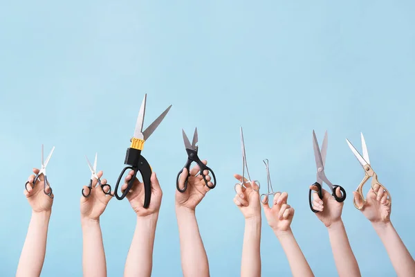 Many Hands Different Scissors Color Background — Stock Photo, Image