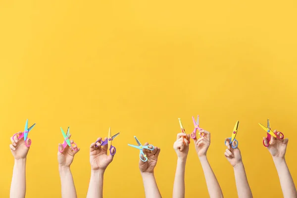 Many Hands Different Scissors Color Background — Stock Photo, Image