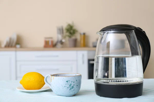 Electric Kettle Cup Tea Lemon Kitchen Table — Stock Photo, Image