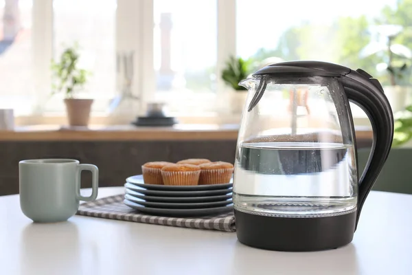 Electric Kettle Cup Tea Pastry Kitchen Table — Stock Photo, Image