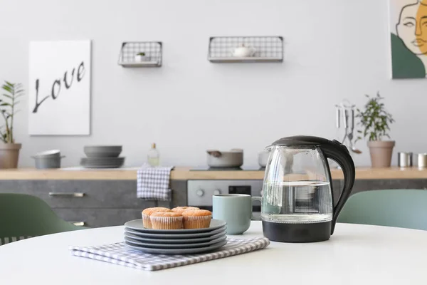 Electric Kettle Cup Tea Pastry Kitchen Table — Stock Photo, Image