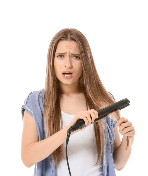 Stressed Woman Straightening Iron White Background — Stock Photo, Image