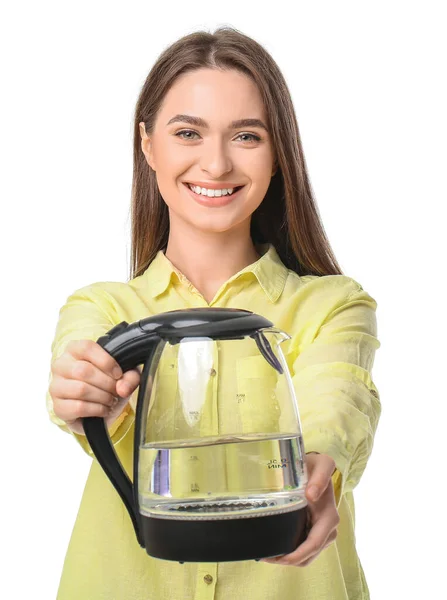 Young Woman Electric Kettle White Background — Stock Photo, Image