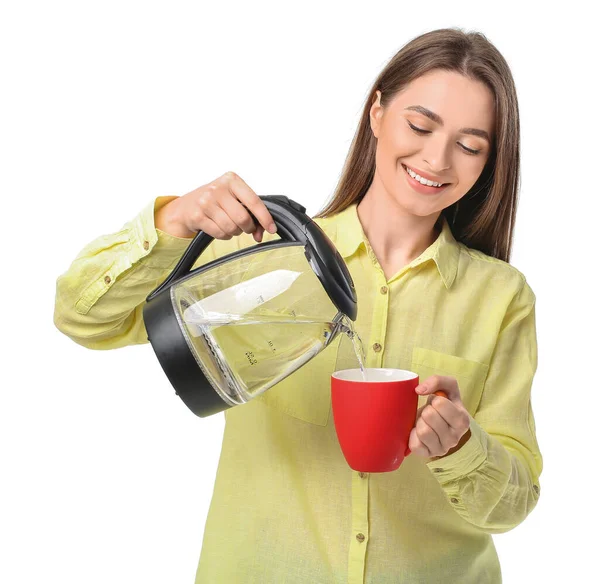 Young Woman Pouring Hot Boiled Water Electric Kettle Cup White — Stock Photo, Image