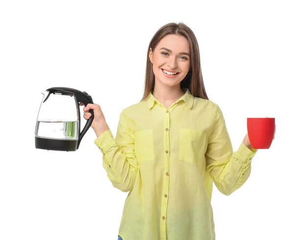 Young Woman Electric Kettle Cup White Background — Stock Photo, Image