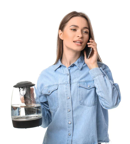 Young Woman Electric Kettle Talking Mobile Phone White Background — Stock Photo, Image