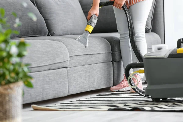 Woman Removing Dirt Sofa Home — Stock Photo, Image