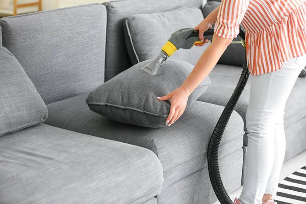 Woman Removing Dirt Sofa Home — Stock Photo, Image