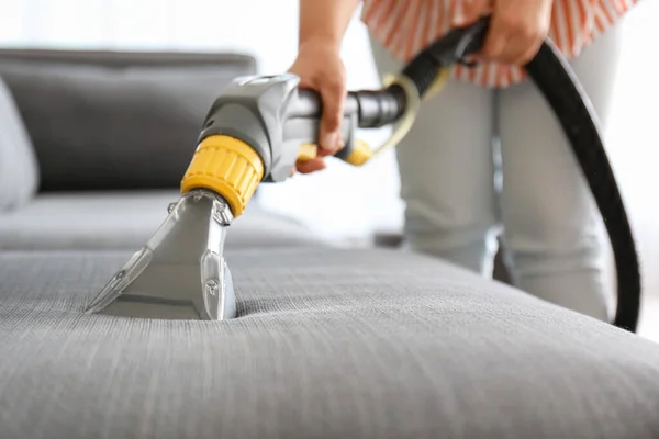 Woman Removing Dirt Sofa Home — Stock Photo, Image