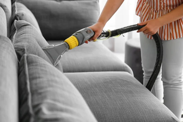 Woman Removing Dirt Sofa Home — Stock Photo, Image