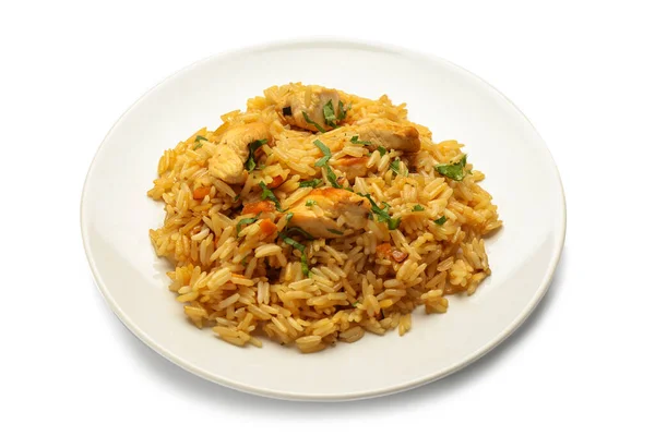 Piatto Con Gustoso Pilaf Sfondo Bianco — Foto Stock