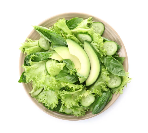 Bord Met Lekkere Komkommersalade Witte Achtergrond — Stockfoto
