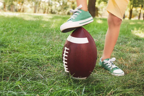 Little Boy Playing American Football Outdoors — Stock Photo, Image