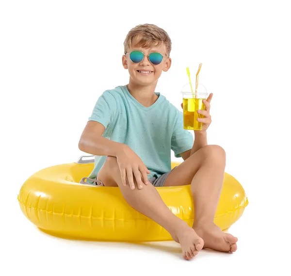 Cute Little Boy Inflatable Ring Cocktail White Background — Stock Photo, Image