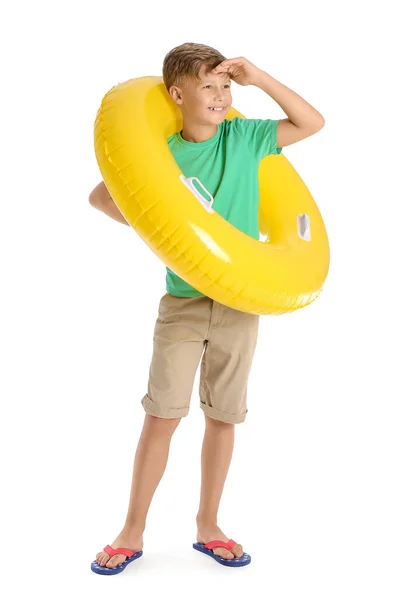 Ragazzino Carino Con Anello Gonfiabile Sfondo Bianco — Foto Stock