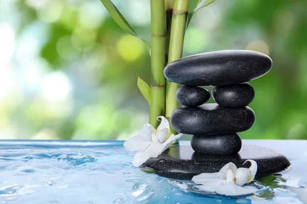 Wellnesssteine Bambus Und Blumen Wasser Freien — Stockfoto