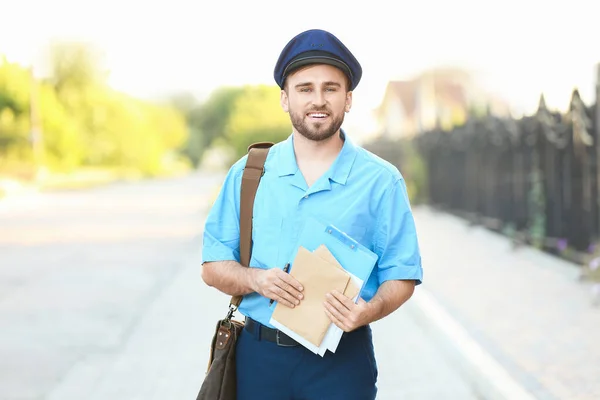 Handsome Young Postman Letters Outdoors — Stock Photo, Image