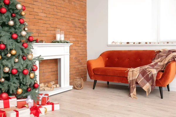 Interior Habitación Moderna Con Chimenea Víspera Navidad —  Fotos de Stock
